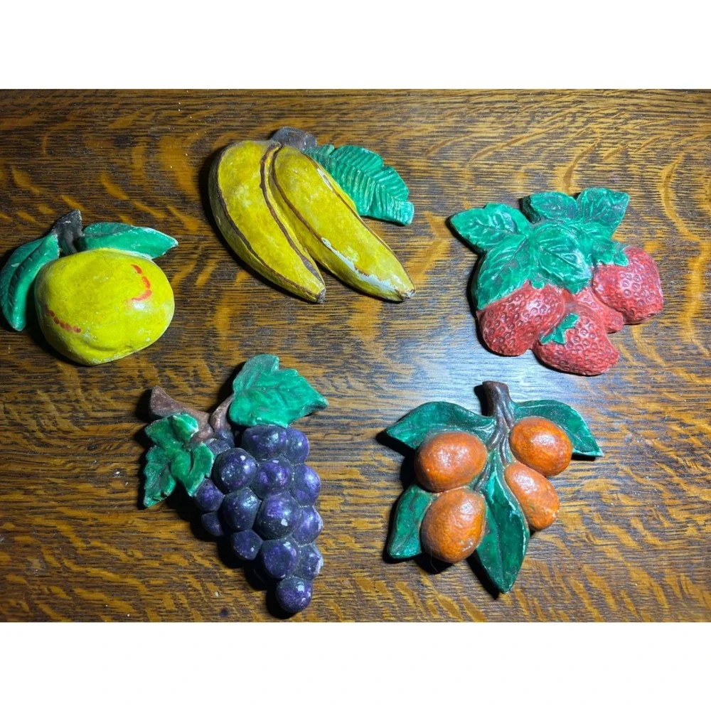 Vintage Chalkware Fruit Wall Plaques Set of 5 Mid Century Kitchen Decor Kitsch